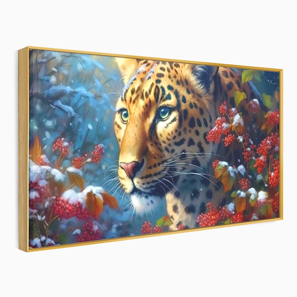 Tablou canvas cu tablou canvas cu jaguar in zapada, in rama de aluminiu auriu